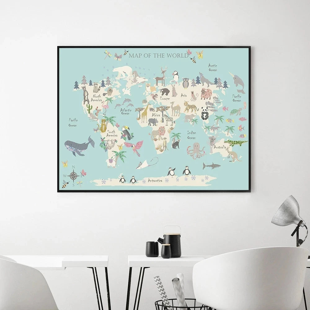 Animal World Map Canvas Poster