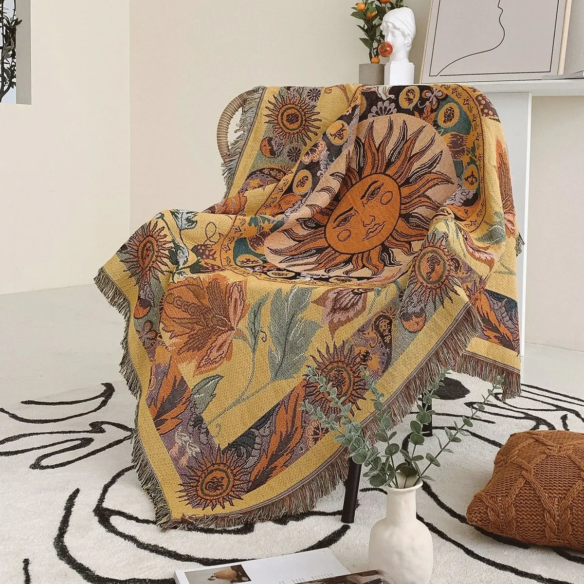 Boho Sun & Floral Tapestry Blanket