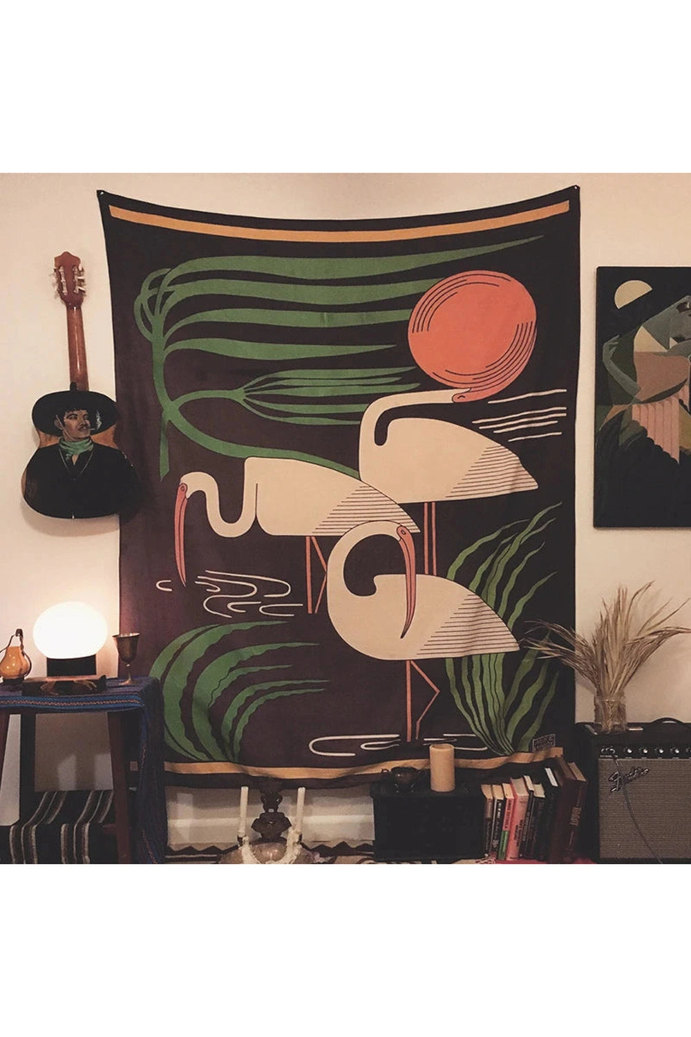 Retro Crane Sunset Tapestry