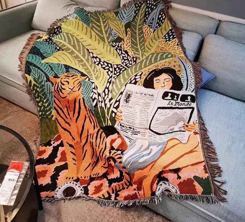 Ins Cartoon Tiger Überwurfdecke, gestrickt, mit Quasten, Decken für Betten, Sofabezug, Camping-Picknick-Matte, Wandbehang, Tapisserie, Wohnkultur