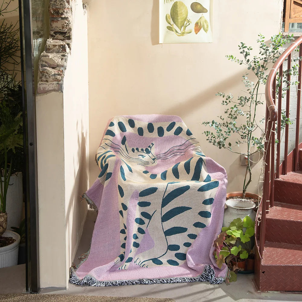 Manta con estampado de gato y niña en color rosa de Textile City Ins, para decorar el hogar, tapiz para sofá, para acampar al aire libre, picnic, 130 x 160 cm