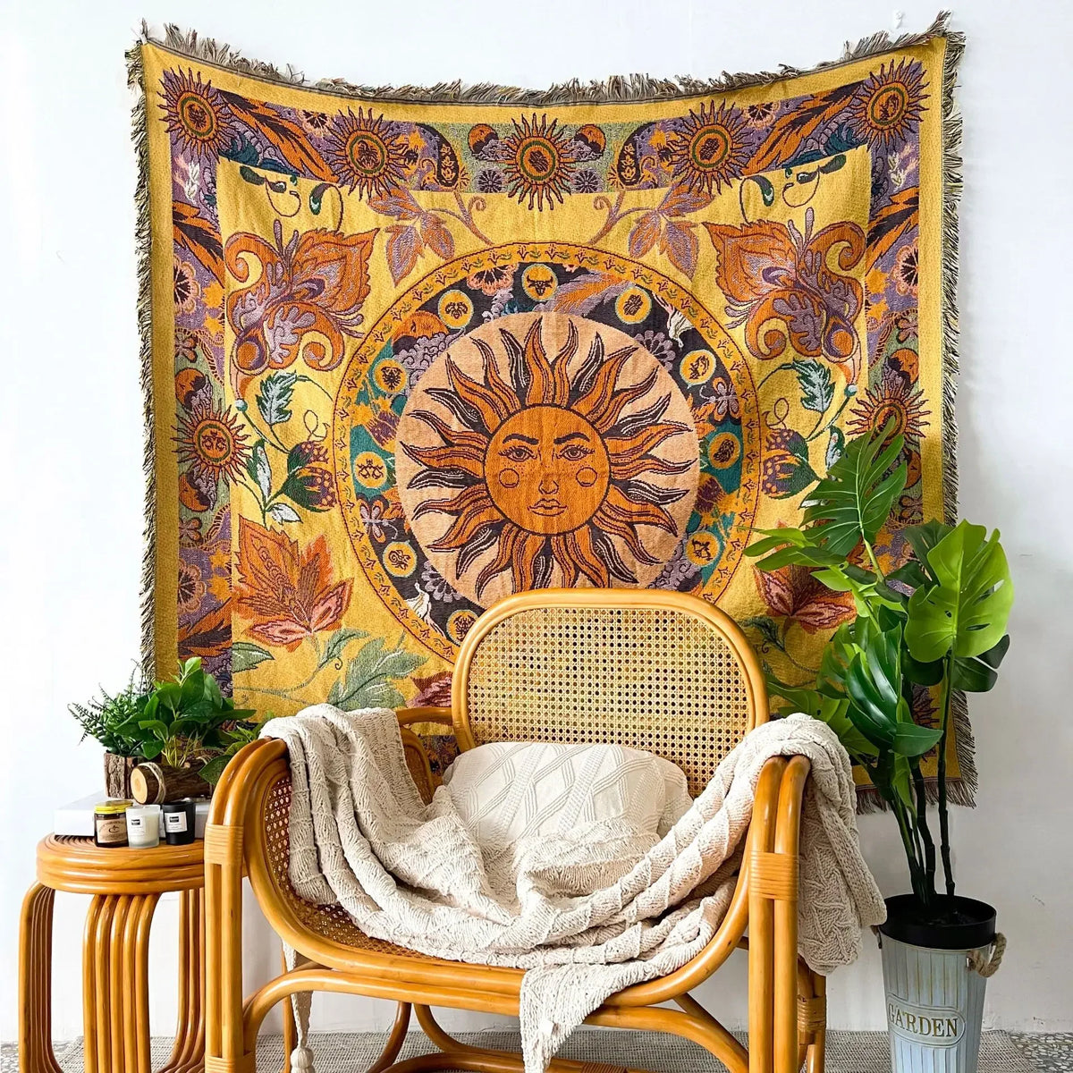 Boho Sun & Floral Tapestry Blanket