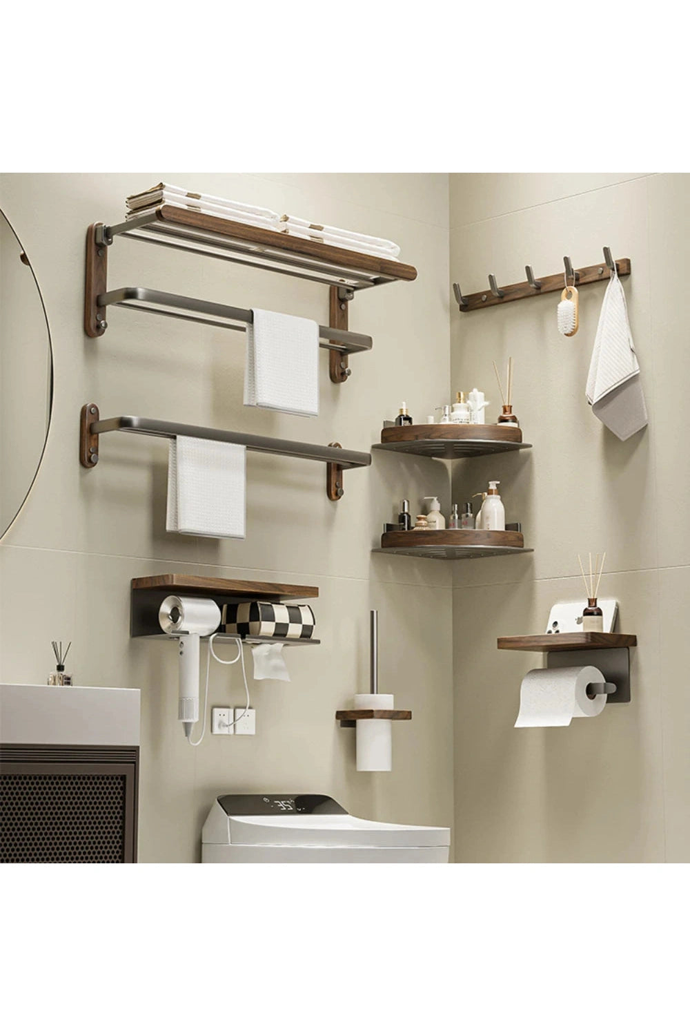 Bathroom shelves，wood towel bars no punching toilet storage shelf bathroom organizer and storage bathroom accessories towel rack