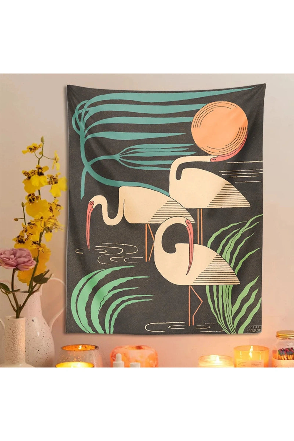 Retro Crane Sunset Tapestry