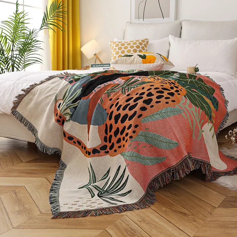 Manta tejida con gatos de la jungla estilo boho