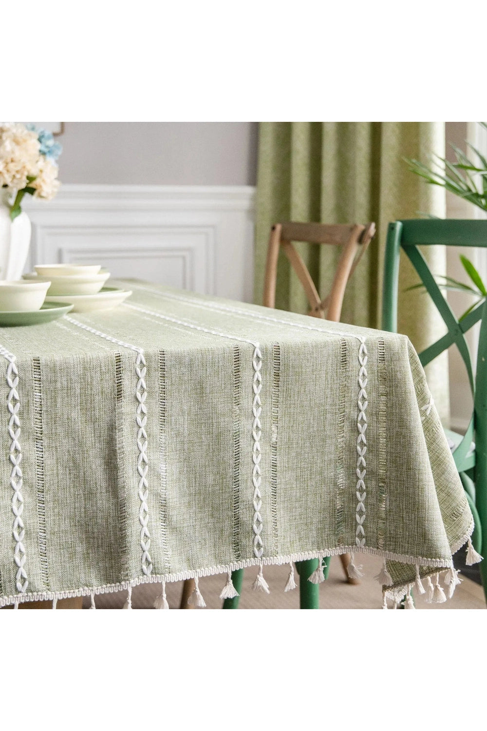 Green Rustic Tassel Tablecloth