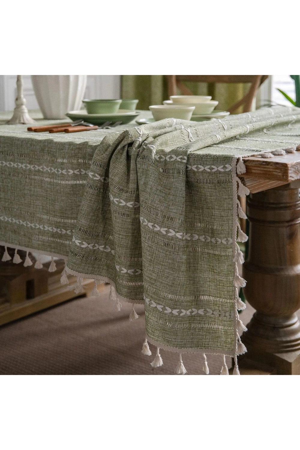 Green Rustic Tassel Tablecloth