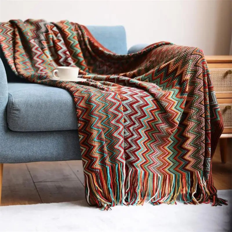 Boho Colorful Chevron Knit Blanket