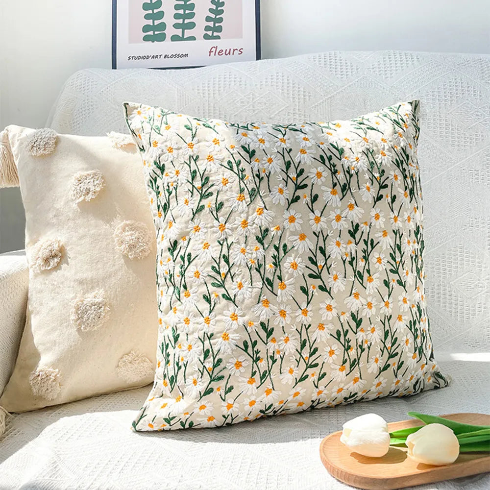 Daisy Embroidered Pillow Case