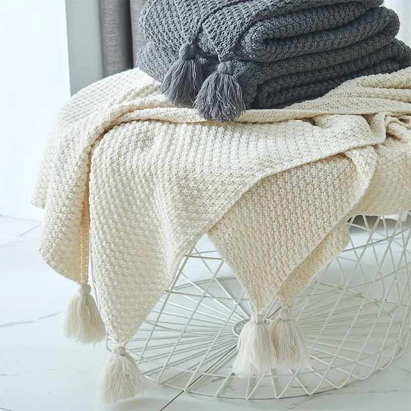 Textured Tassel Knit Throw Blanket