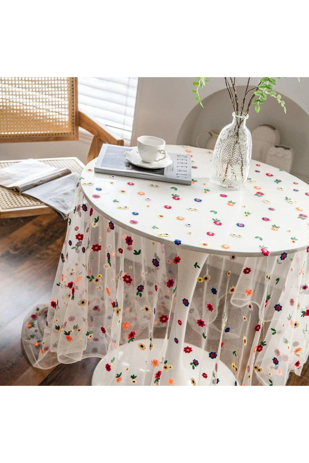 Floral Embroidered Sheer Tablecloth