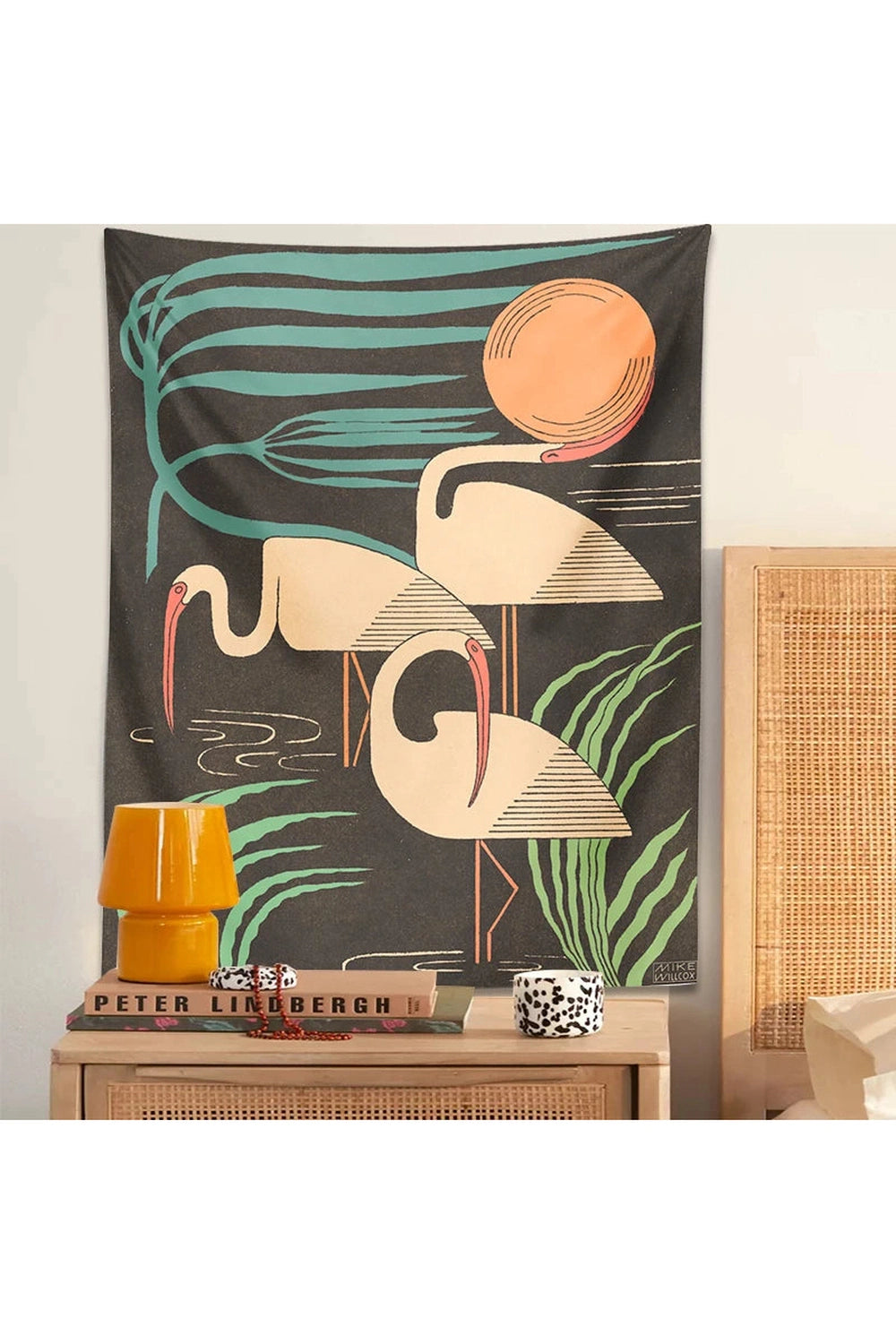 Retro Crane Sunset Tapestry