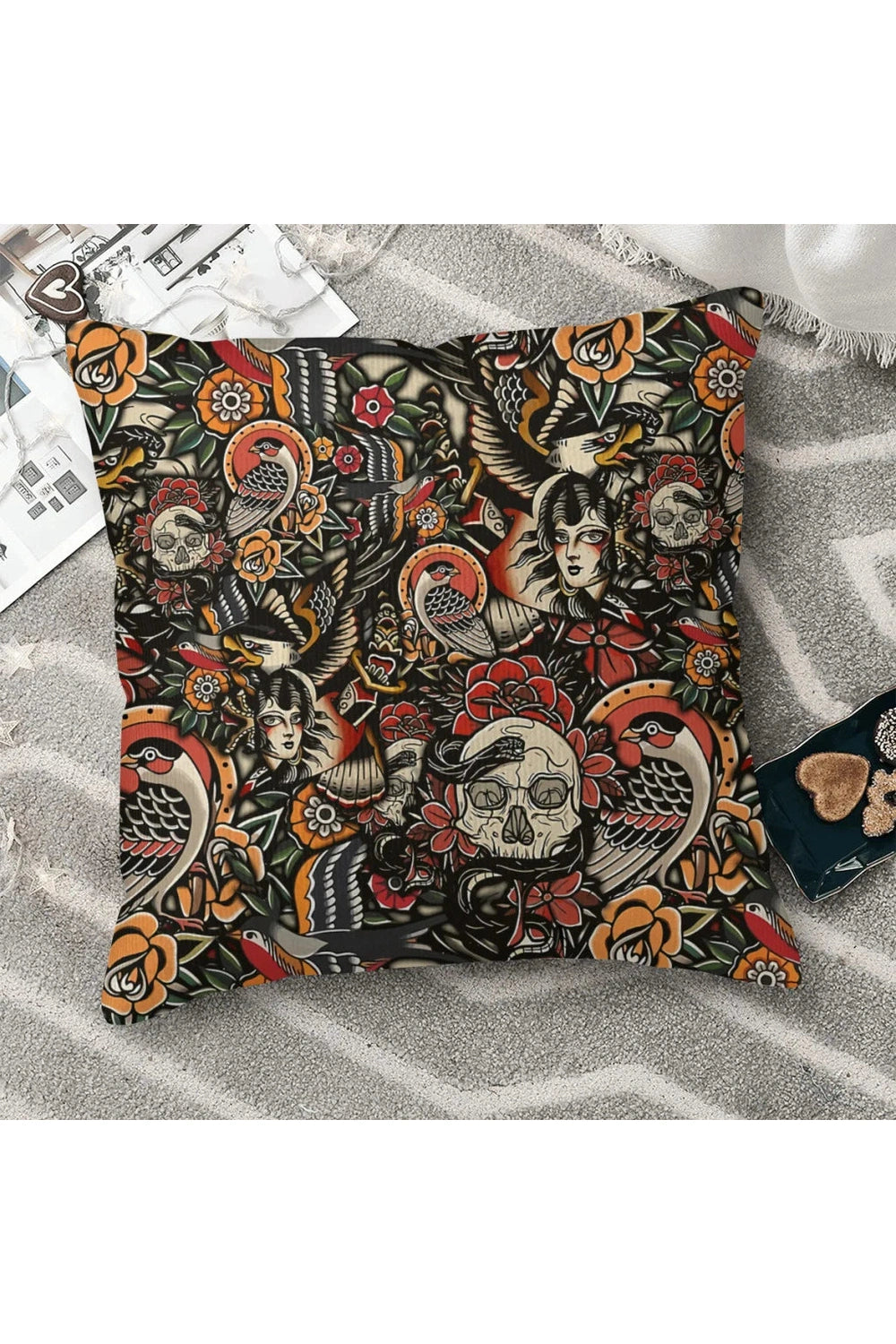 Skull & Roses Grunge Pillow Cover