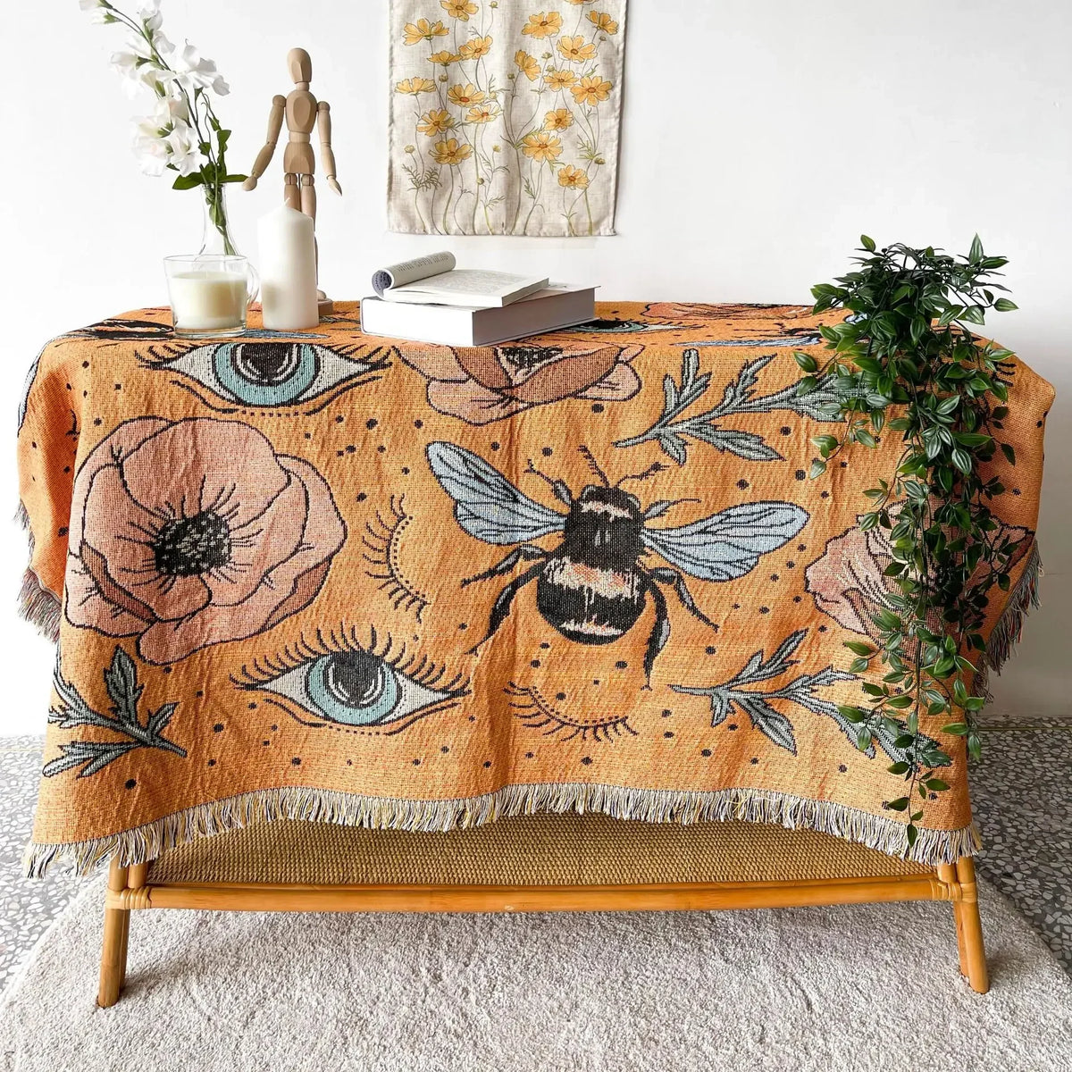 Manta de jardín con diseño de abejas y ojos estilo boho