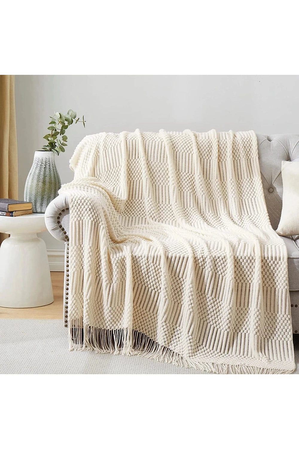 Cozy Cream Fringe Throw Blanket