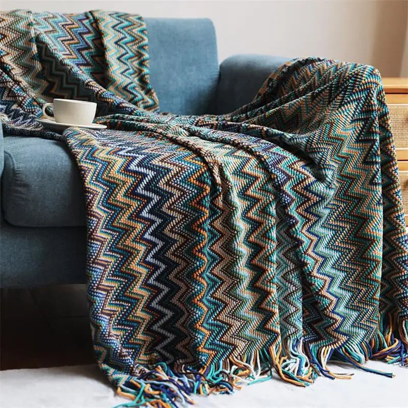 Boho Colorful Chevron Knit Blanket