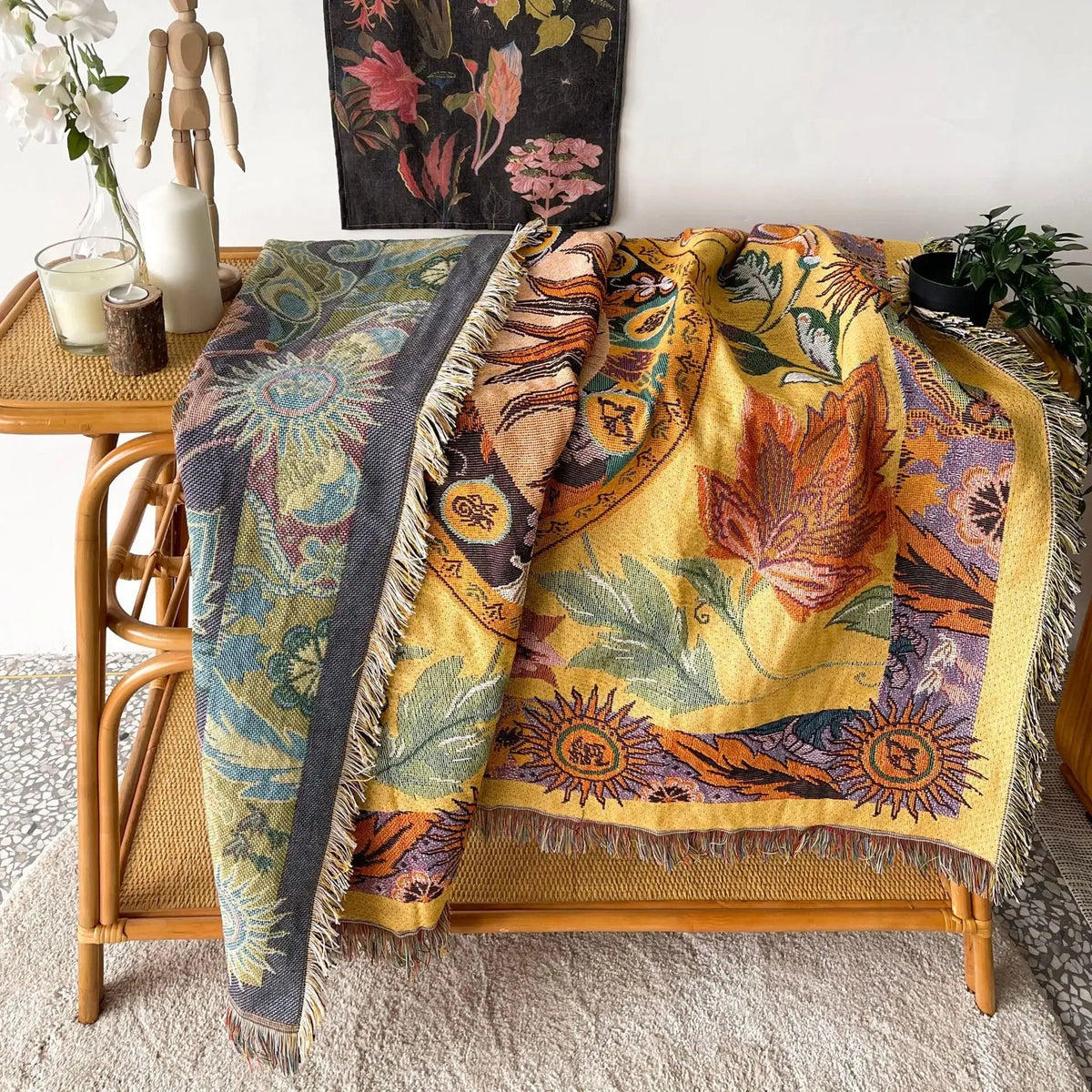 Boho Sun & Floral Tapestry Blanket