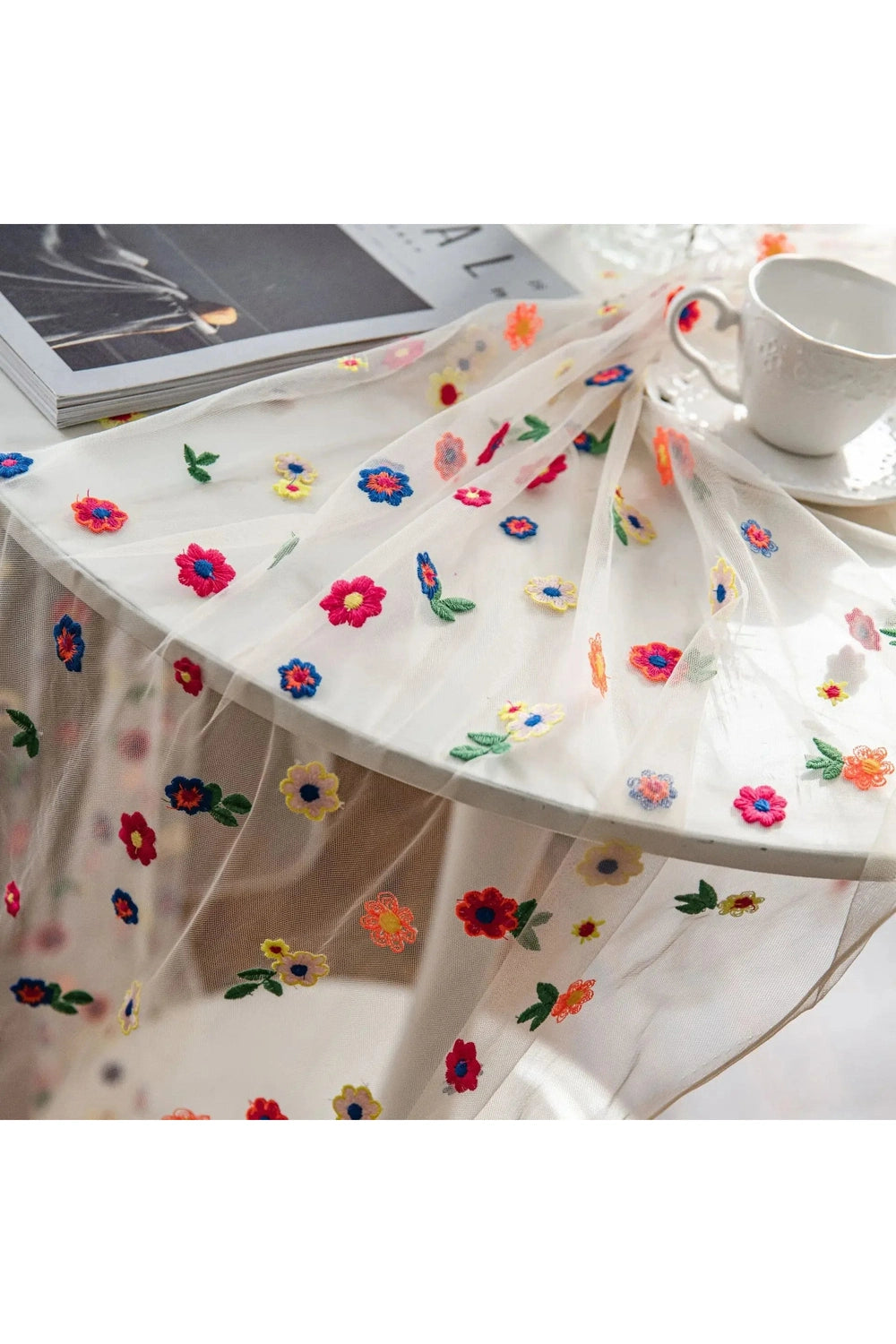 Floral Embroidered Sheer Tablecloth