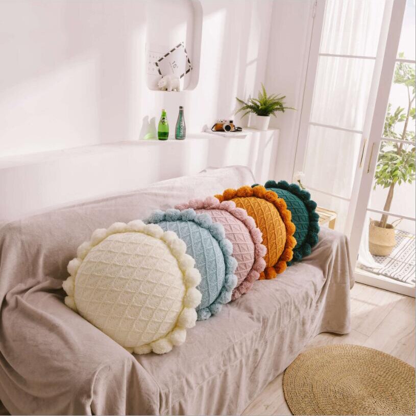 Pompom Adorned Round Pillow