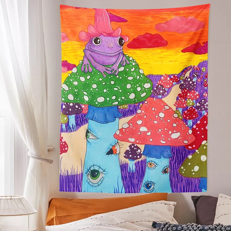 Colorful Frogs World Psychedelic Tapestry