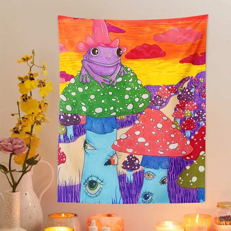 Psychedelic Colorful Frogs World Tapestry