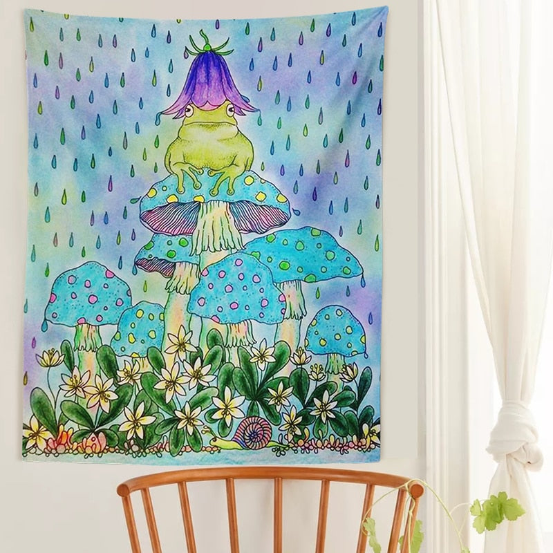 Colorful Frogs World Psychedelic Tapestry